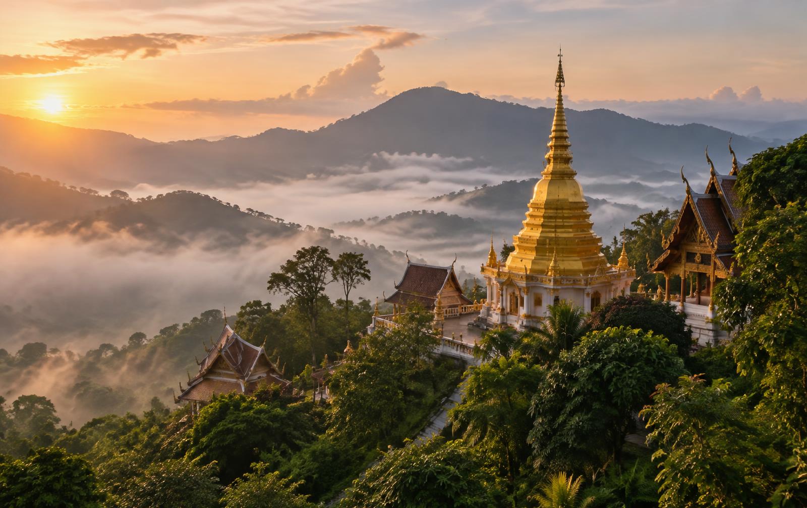 Golden chedi above misty mountains near Chiang Mai at sunrise