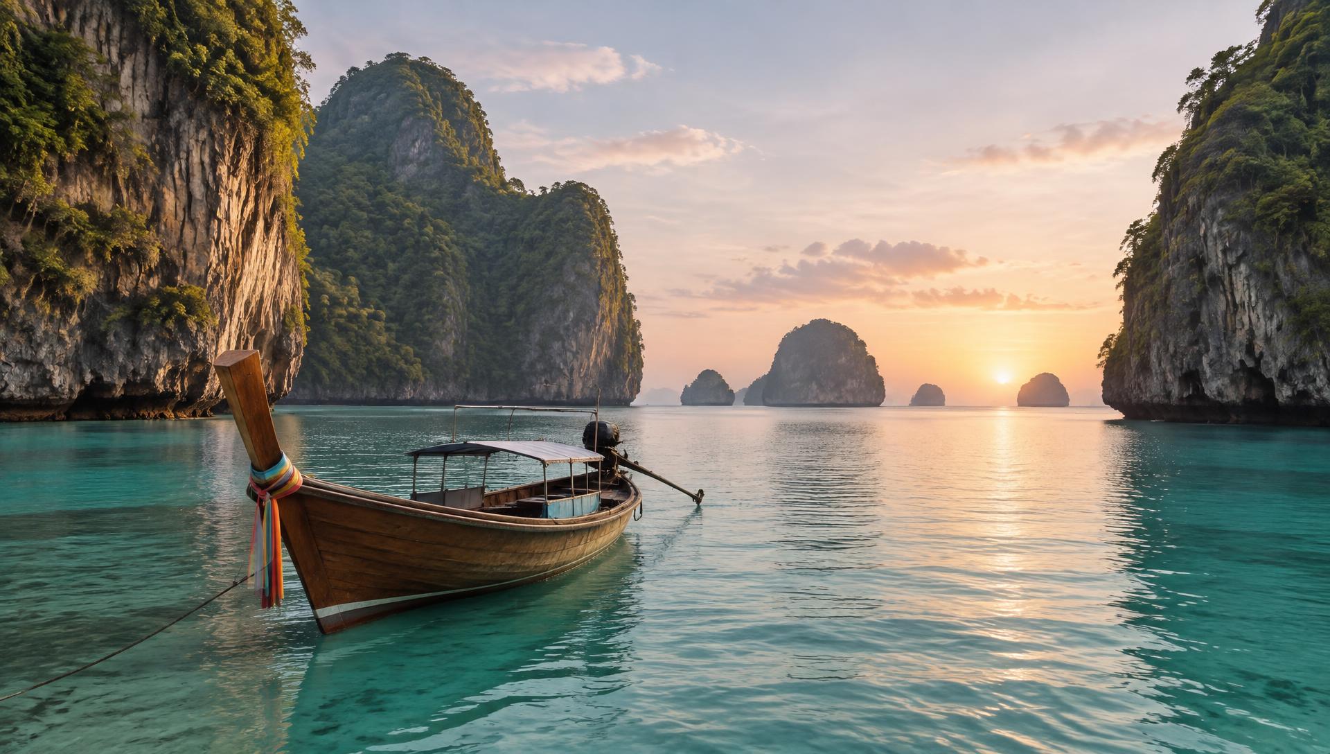 Longtail boat in a turquoise lagoon between limestone cliffs in Krabi