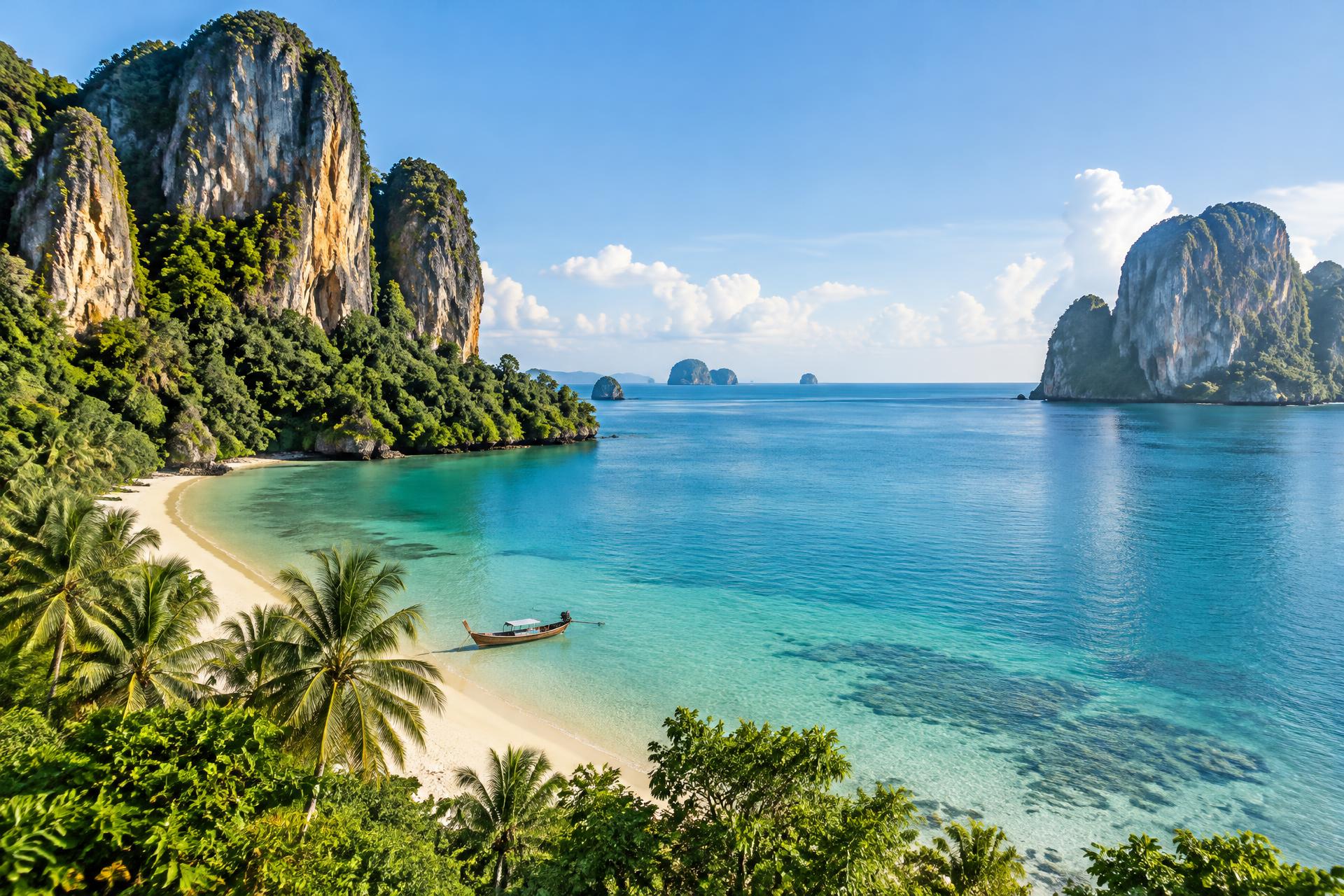 Longtail boats on the turquoise water of Thailand’s Railay coast