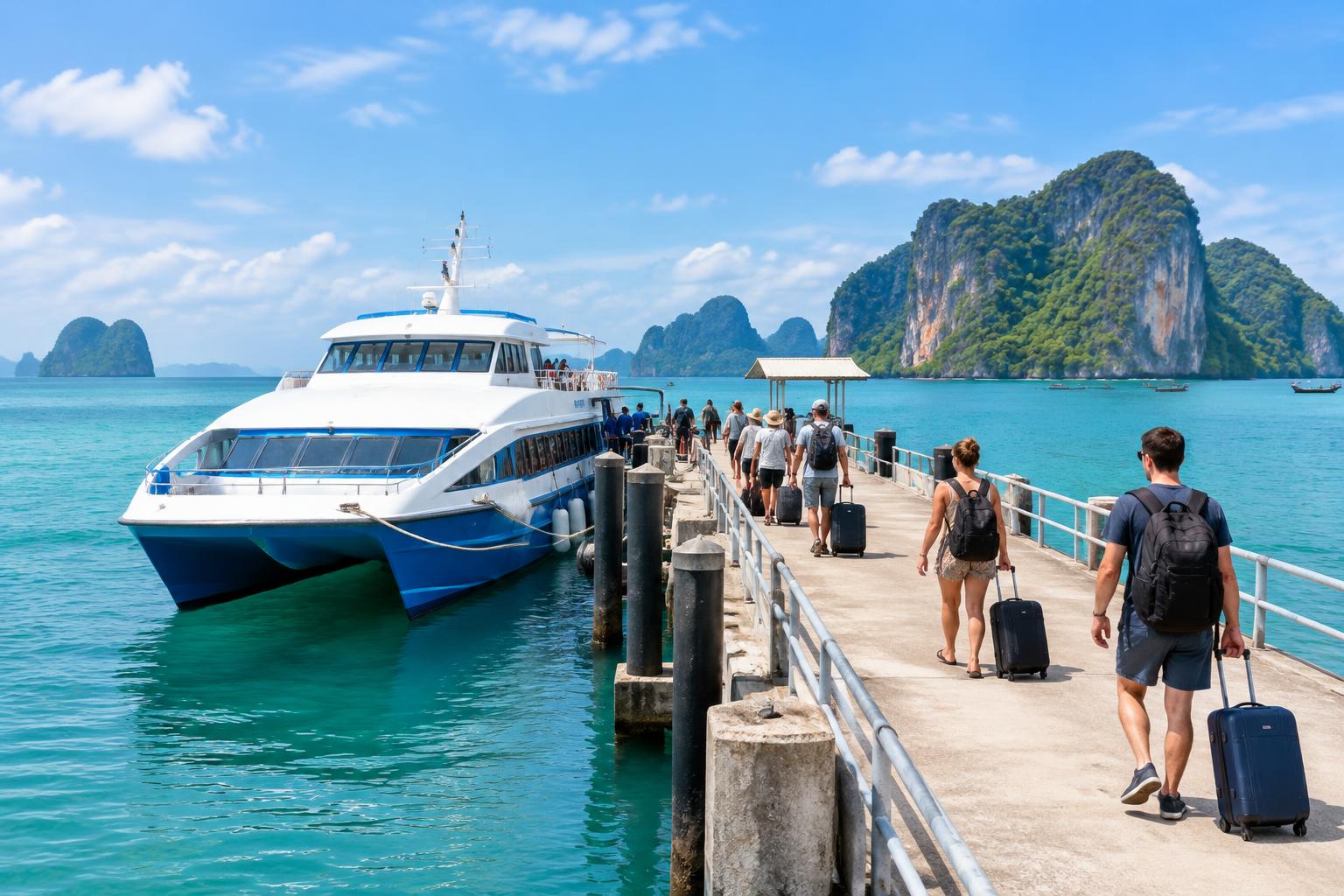 AI-generated illustration of a passenger ferry and travelers with luggage at a Thai coastal pier